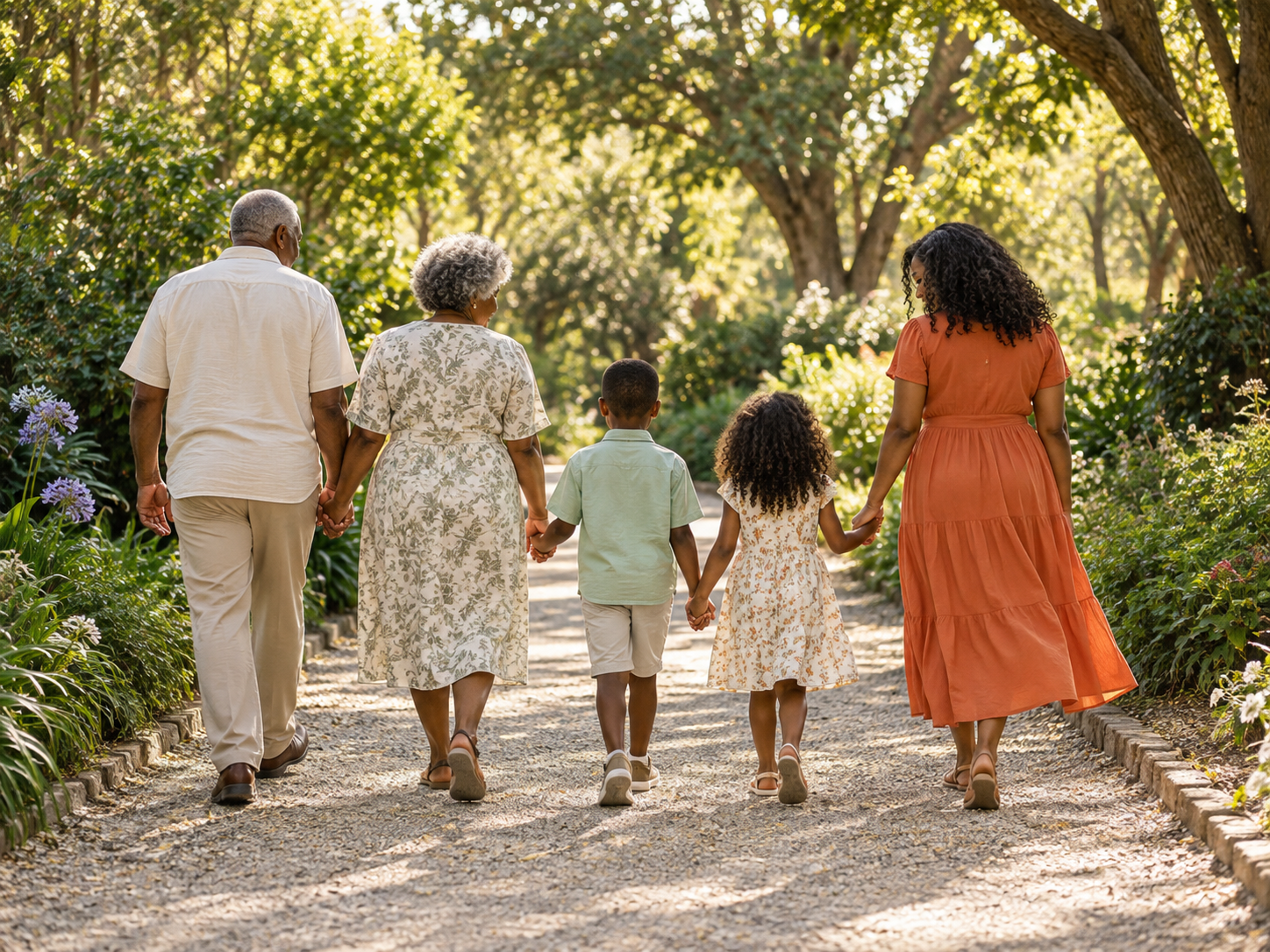 A multigenerational family walking together along a sunlit garden path